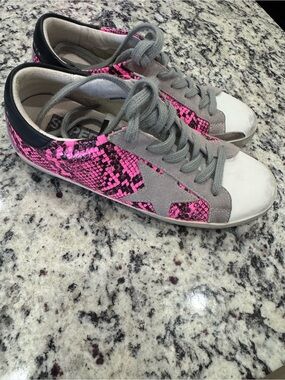 Golden Goose Pink Snake-Print & Gray Suede Low-Top Sneakers